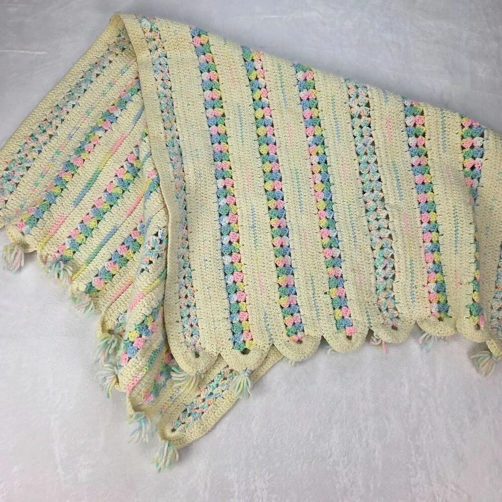 Vintage Handmade Crochet Afghan Blanket 45x25 Pastel Striped‎ Granny Pattern